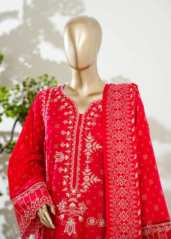 3 Piece Scarlet Red Color Embroidered Lawn Shirt with Bell Bottom Trouser & Dupatta