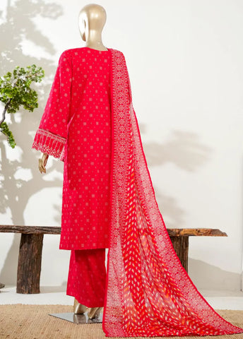 3 Piece Scarlet Red Color Embroidered Lawn Shirt with Bell Bottom Trouser & Dupatta