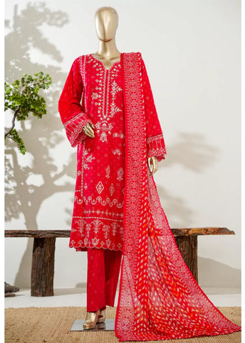 3 Piece Scarlet Red Color Embroidered Lawn Shirt with Bell Bottom Trouser & Dupatta