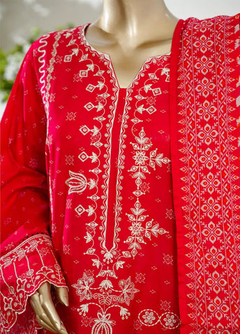 3 Piece Scarlet Red Color Embroidered Lawn Shirt with Bell Bottom Trouser & Dupatta