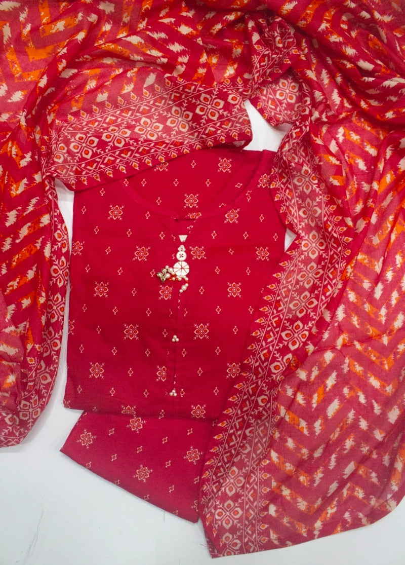 3 Piece Printed Stitched Red Color Lawn Shirt with Trouser & Dupatta