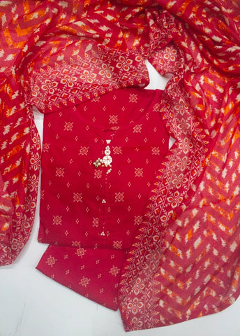 3 Piece Printed Stitched Red Color Lawn Shirt with Trouser & Dupatta
