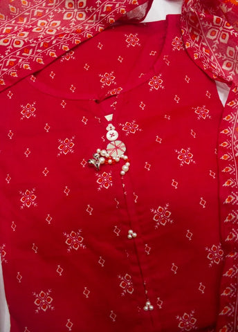 3 Piece Printed Stitched Red Color Lawn Shirt with Trouser & Dupatta