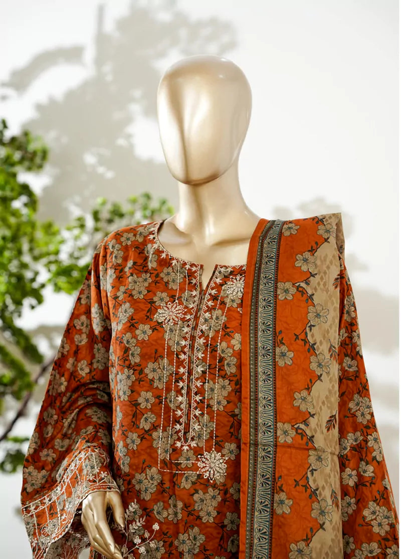 3 Piece Honey Orange Color Embroidered Lawn Shirt with Bell Bottom Trouser & Dupatta
