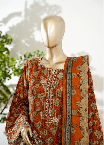 3 Piece Honey Orange Color Embroidered Lawn Shirt with Bell Bottom Trouser & Dupatta