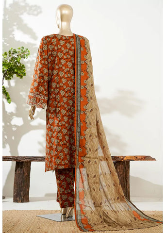 3 Piece Honey Orange Color Embroidered Lawn Shirt with Bell Bottom Trouser & Dupatta