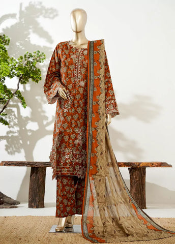 3 Piece Honey Orange Color Embroidered Lawn Shirt with Bell Bottom Trouser & Dupatta