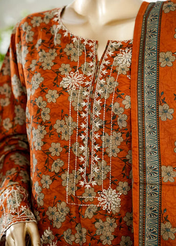 3 Piece Honey Orange Color Embroidered Lawn Shirt with Bell Bottom Trouser & Dupatta
