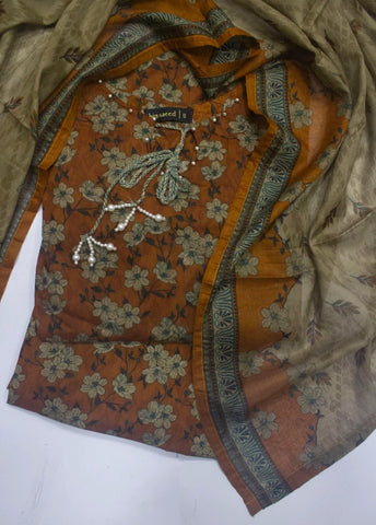3 Piece Printed Stitched Rust Color Lawn Shirt with Farshi Trouser & Dupatta