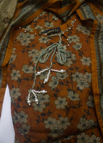 3 Piece Printed Stitched Rust Color Lawn Shirt with Farshi Trouser & Dupatta