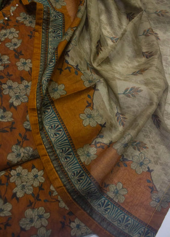 3 Piece Printed Stitched Rust Color Lawn Shirt with Farshi Trouser & Dupatta