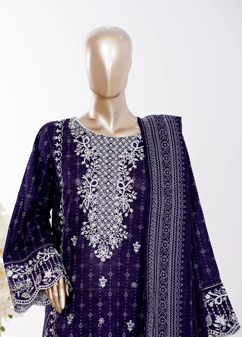 3 Piece Purple Color Embroidered Lawn Shirt with Bell Bottom Trouser & Dupatta
