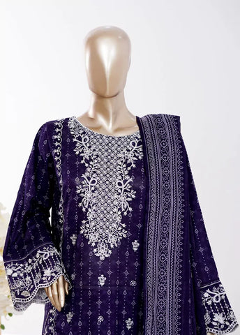 3 Piece Purple Color Embroidered Lawn Shirt with Bell Bottom Trouser & Dupatta