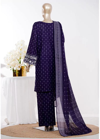 3 Piece Purple Color Embroidered Lawn Shirt with Bell Bottom Trouser & Dupatta
