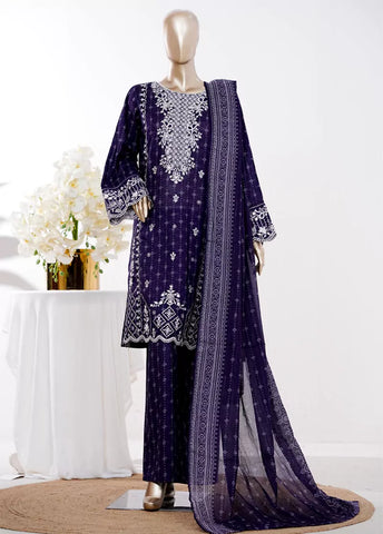 3 Piece Purple Color Embroidered Lawn Shirt with Bell Bottom Trouser & Dupatta