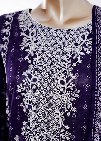 3 Piece Purple Color Embroidered Lawn Shirt with Bell Bottom Trouser & Dupatta