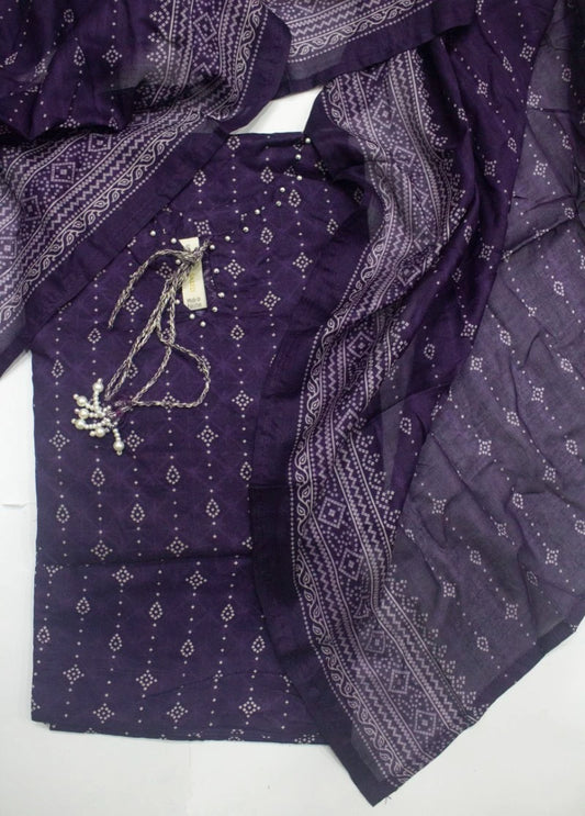 3 Piece Printed Stitched Purple Color Lawn Shirt with Trouser & Dupatta