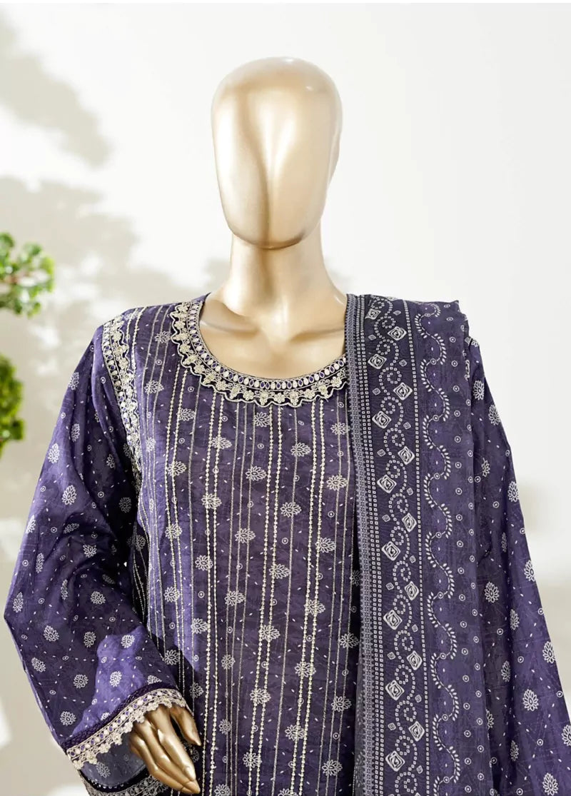 3 Piece Purple Color Embroidered Lawn Shirt with Bell Bottom Trouser & Dupatta