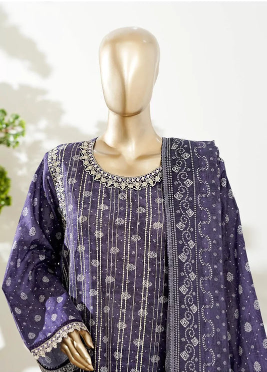 3 Piece Purple Color Embroidered Lawn Shirt with Bell Bottom Trouser & Dupatta