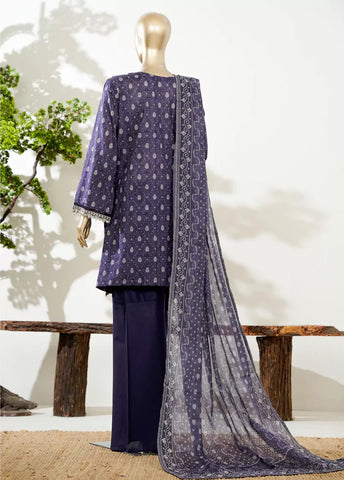 3 Piece Purple Color Embroidered Lawn Shirt with Bell Bottom Trouser & Dupatta