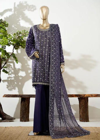 3 Piece Purple Color Embroidered Lawn Shirt with Bell Bottom Trouser & Dupatta
