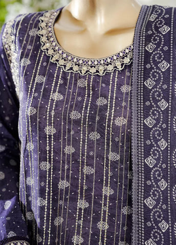 3 Piece Purple Color Embroidered Lawn Shirt with Bell Bottom Trouser & Dupatta