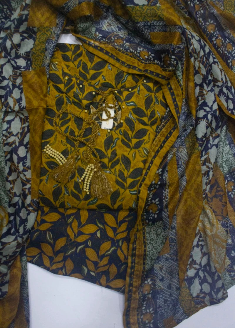 3 Piece Printed Stitched Mustard & Black Color Lawn Shirt with Farshi Trouser & Dupatta