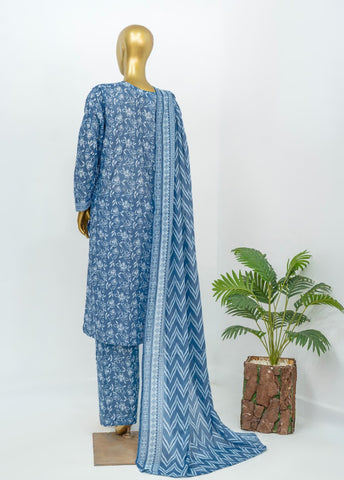 3 Piece Printed Stitched Blue Color Lawn Shirt with Trouser & Dupatta