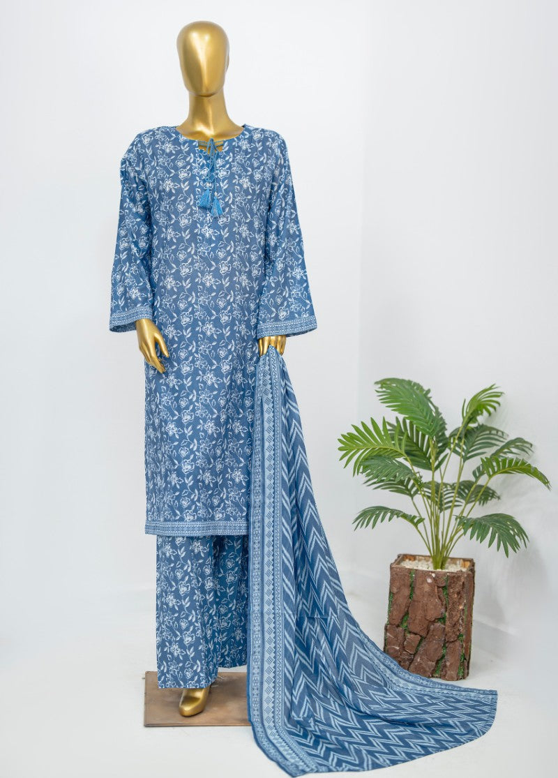 3 Piece Printed Stitched Blue Color Lawn Shirt with Trouser & Dupatta