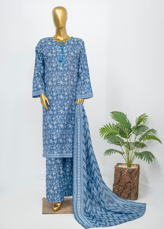 3 Piece Printed Stitched Blue Color Lawn Shirt with Trouser & Dupatta