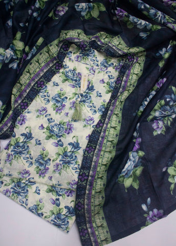 3 Piece Printed Stitched Off White Color Lawn Shirt with Trouser & Dupatta