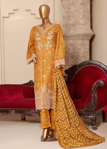 3 Piece Embroidred Stitched Merigold Orange Color Lawn Suit with Trouser & Dupatta