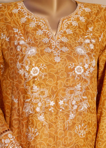 3 Piece Embroidred Stitched Merigold Orange Color Lawn Suit with Trouser & Dupatta
