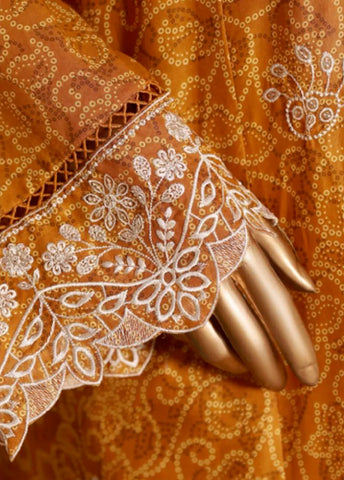 3 Piece Embroidred Stitched Merigold Orange Color Lawn Suit with Trouser & Dupatta