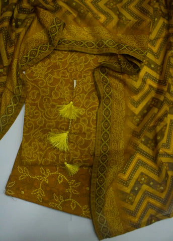 3 Piece Printed Stitched Mustard Color Lawn Shirt with Trouser & Dupatta