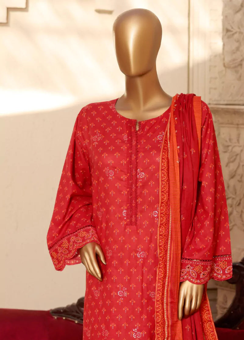 3 Piece Embroidred Stitched Red Color Lawn Suit with Trouser & Dupatta