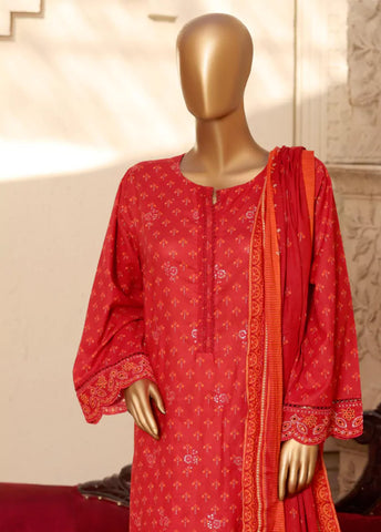3 Piece Embroidred Stitched Red Color Lawn Suit with Trouser & Dupatta