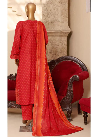 3 Piece Embroidred Stitched Red Color Lawn Suit with Trouser & Dupatta