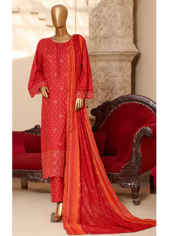 3 Piece Embroidred Stitched Red Color Lawn Suit with Trouser & Dupatta