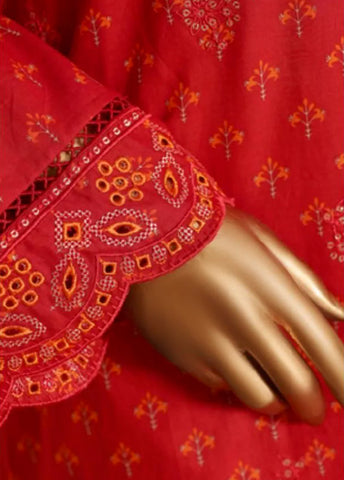 3 Piece Embroidred Stitched Red Color Lawn Suit with Trouser & Dupatta