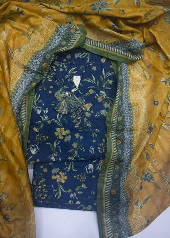 3 Piece Printed Stitched Navy Blue Color Lawn Shirt with Farshi Shalwar & Dupatta