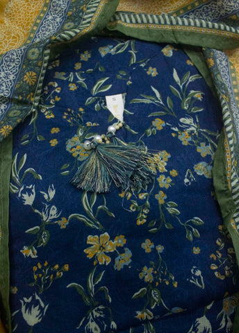 3 Piece Printed Stitched Navy Blue Color Lawn Shirt with Farshi Shalwar & Dupatta