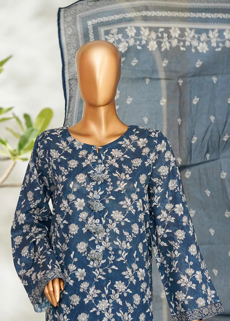 3 Piece Printed Blue Color Lawn Shirt with Trouser & Dupatta