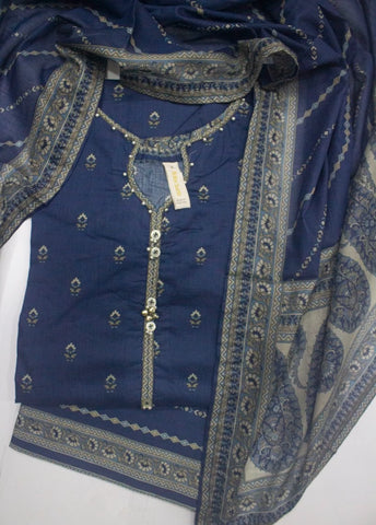 3 Piece Printed Stitched Navy Blue Color Lawn Shirt with Farshi Shalwar & Dupatta