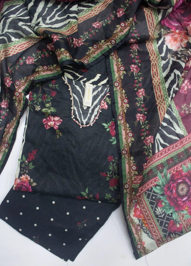 3 Piece Printed Stitched Black Color Lawn Shirt with Trouser & Dupatta