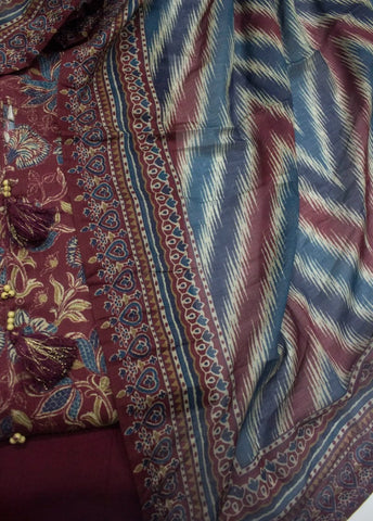 3 Piece Printed Stitched Maroon Color Lawn Shirt with Trouser & Dupatta