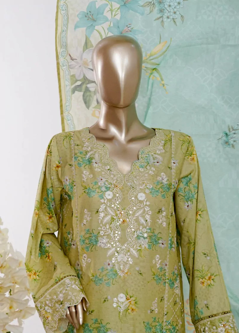 3 Piece Lime Green Color Embroidered Lawn Shirt with Bell Bottom Trouser & Dupatta