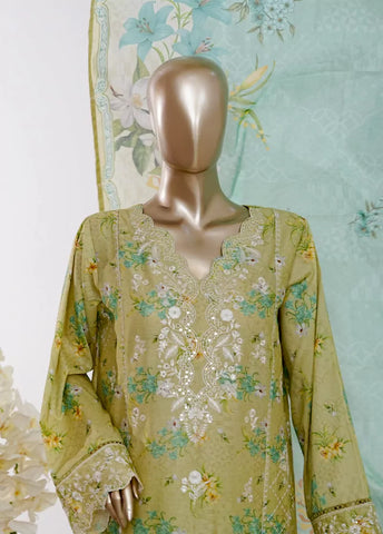 3 Piece Lime Green Color Embroidered Lawn Shirt with Bell Bottom Trouser & Dupatta