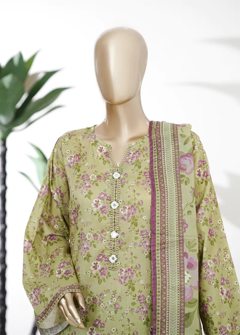 3 Piece Printed Stitched Pista Green Color Lawn Shirt with Trouser & Dupatta