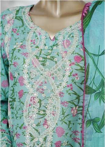 3 Piece Turquoise Color Embroidered Lawn Shirt with Trouser & Dupatta